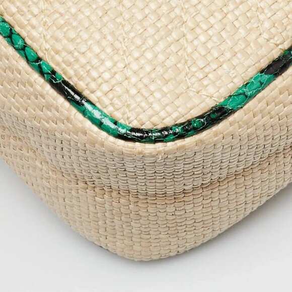 Gucci Natural Raffia and Green Snakeskin GG Marmont Small Matelasse Shoulder Bag - Picture 5 of 11